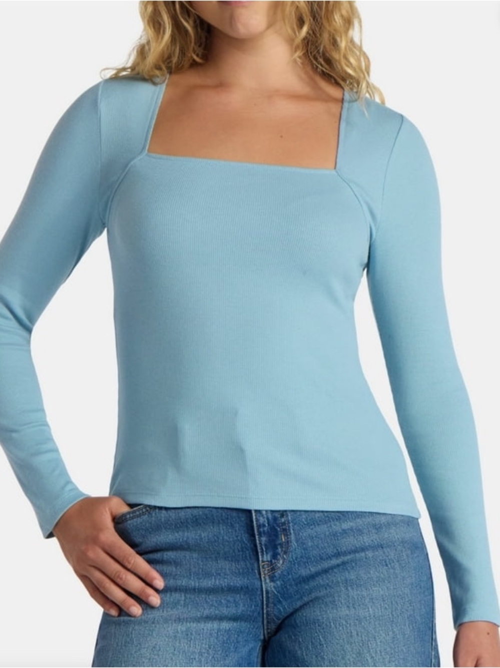 New Time and Tru Light Blue Square-Neck Ribbed Long-Sleeve Top size small